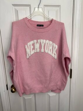 SHEIN Pink Crewneck Sweater with White 'NEW YORK' Text